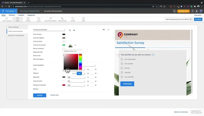 Personaliza el color del botón 'Enviar', la barra de progreso, la tipografía de las preguntas y el color del título, preguntas y texto de los botones.