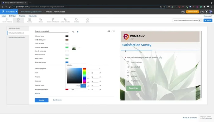 Personaliza el color del botón 'Enviar', la barra de progreso, la tipografía de las preguntas y el color del título, preguntas y texto de los botones.