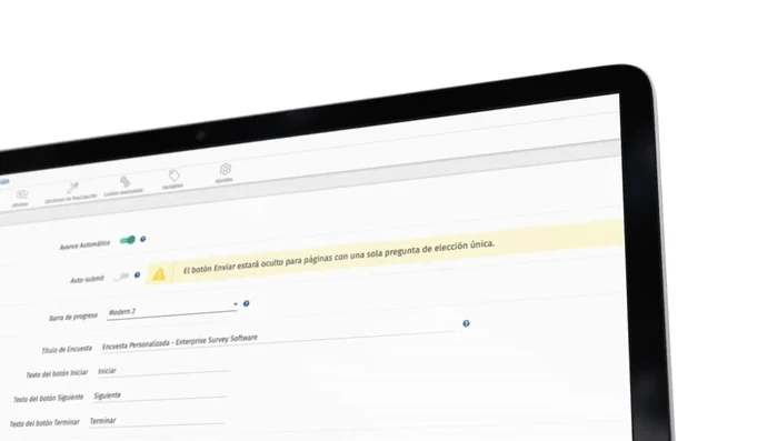 Ajusta la visualización en la pestaña 'Ajustes de visualización' para modificar la apariencia de la barra de progreso, el título y los textos de los botones.