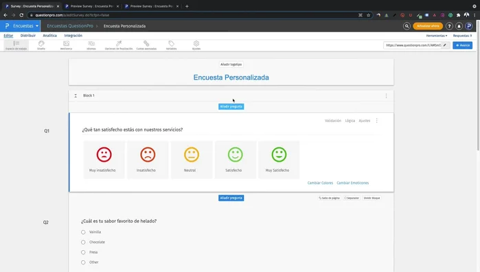 Personaliza las diferentes secciones de tu encuesta y añade tu logotipo en el área 'Espacio de trabajo'.