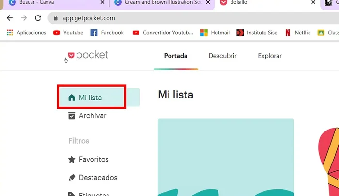 Puedes acceder a tus artículos, vídeos y demás contenido guardado a través de las diferentes pestañas en Pocket (Lista, Archivos, Vídeos, Artículos).