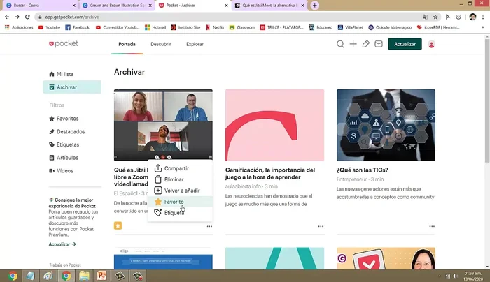 Para marcar un artículo como favorito, utiliza los tres puntos verticales debajo del artículo y selecciona 'Favorito'. Los favoritos permanecen incluso si la página original se elimina.