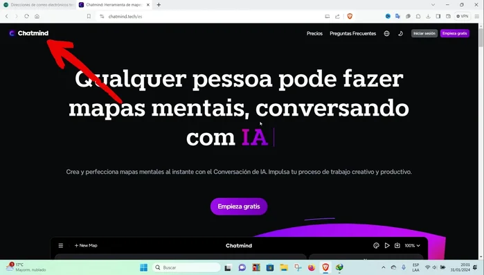 Copiar el código de verificación del correo temporal y pegarlo en ChatMind.