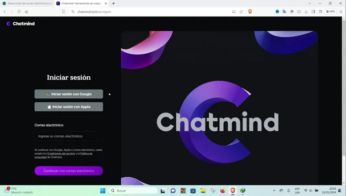 Copiar el código de verificación del correo temporal y pegarlo en ChatMind.