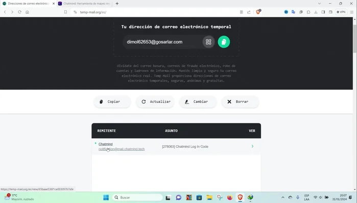 Copiar el código de verificación del correo temporal y pegarlo en ChatMind.