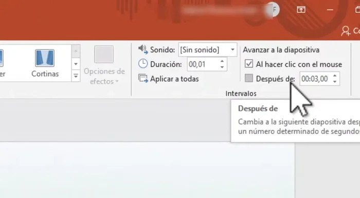 Establecer el tiempo en segundos para que la diapositiva cambie automáticamente. Por ejemplo, 5 segundos.