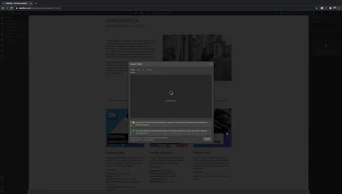 Exportar el código del sitio web desde Webflow (requiere una suscripción paga temporal).