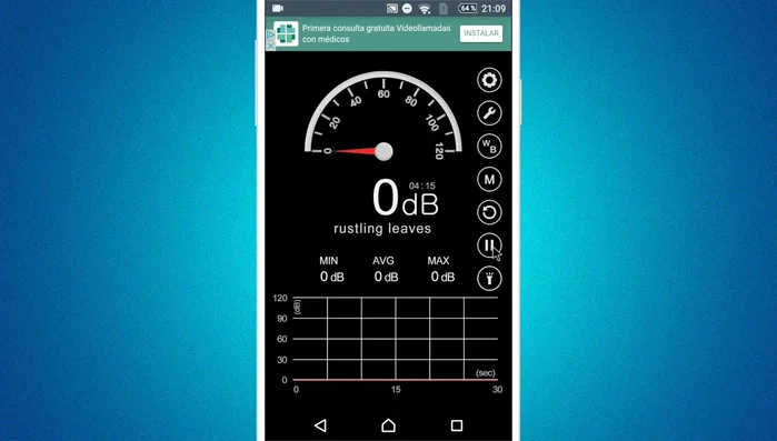Comienza la medición presionando el botón de inicio (Play). La aplicación mostrará los decibelios en tiempo real y un gráfico de la evolución del ruido.