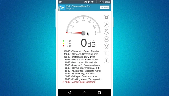 Ajusta la configuración según tus necesidades (mantener pantalla encendida, calibración del micrófono, tema claro/oscuro). La calibración es importante para asegurar una medición precisa, ya que el comportamiento del micrófono varía entre dispositivos.