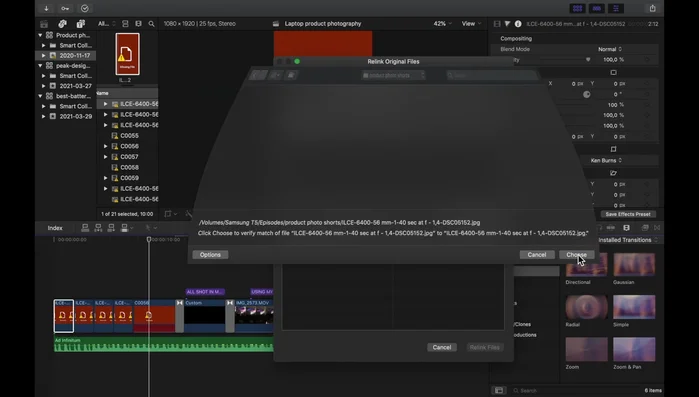 Selecciona 'Volver a vincular'. Final Cut Pro identificará automáticamente el resto de los archivos faltantes.
