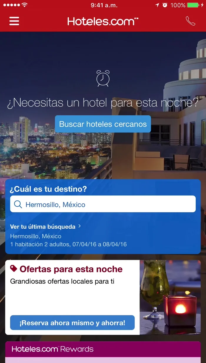 Abre la aplicación Hotels.com en tu celular. Si no tienes cuenta, crea una usando tu cuenta de Facebook (es rápido e intuitivo).