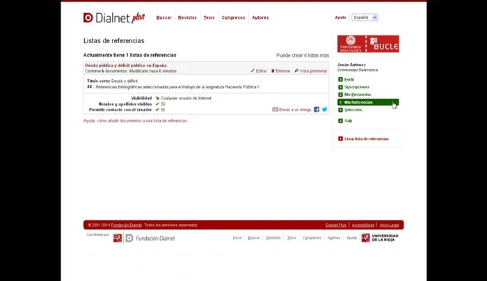 Gestiona tus listas de referencias en Dialnet: enviar por email, publicar en redes sociales, eliminar, editar o compartir la URL públicamente.