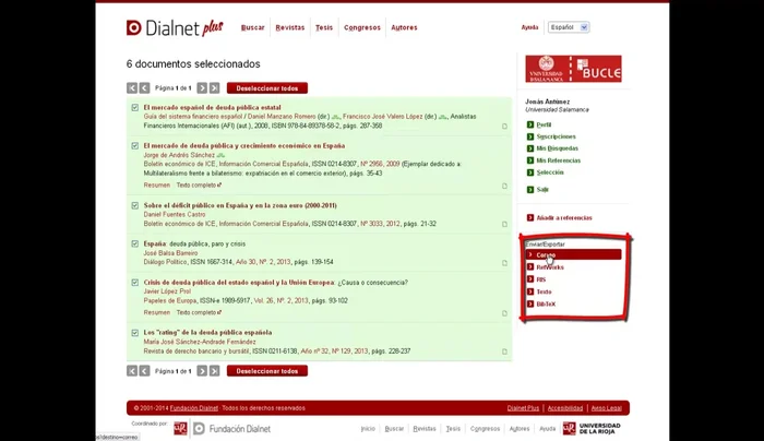 Gestiona tus listas de referencias en Dialnet: enviar por email, publicar en redes sociales, eliminar, editar o compartir la URL públicamente.
