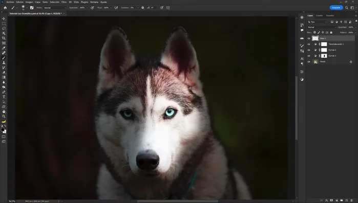 Crear una nueva capa y usar un pincel circular difuso azul para pintar sobre los ojos, cambiando el modo de fusión a 'Superponer'.