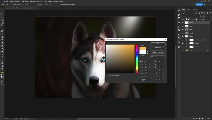 Crear otra capa en modo 'Superponer' y añadir un color naranja claro a la fuente de luz para darle calidez.