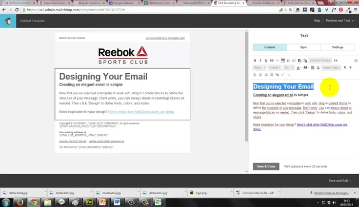 Editar el contenido del cuerpo del correo electrónico ('Body'), personalizando textos, colores, tamaños de fuente y enlaces.