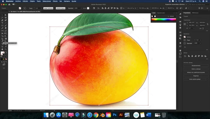 Crear la malla haciendo clic en los puntos clave del contorno donde se aprecian cambios de gradiente o color. Bajar la opacidad de la capa para ver mejor la colocación de los nodos.