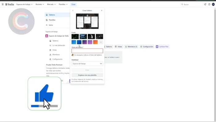 Seleccionar la visibilidad del tablero (Privado, Espacio de Trabajo o Público).