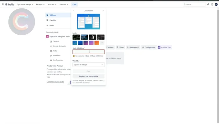 Seleccionar la visibilidad del tablero (Privado, Espacio de Trabajo o Público).