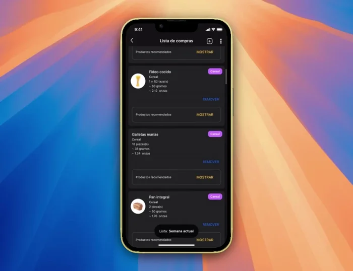 Revisa la lista de compras generada en la parte inferior de la pantalla. Verifica que corresponda al periodo de tiempo seleccionado (semana actual, 2 semanas o 4 semanas).