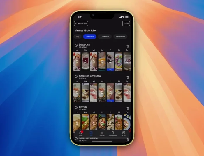Selecciona el periodo de tiempo para tu lista de compras (1, 2 o 4 semanas). Para la semana actual, usa el botón en la esquina superior derecha.