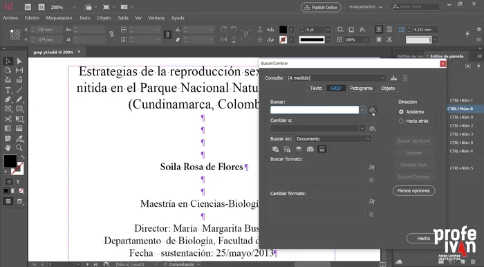 Para búsquedas complejas (ej: aplicar estilo a párrafos que comienzan con 'Palabras clave:'), definir el patrón de búsqueda en la función de búsqueda y reemplazo, especificando la ubicación (inicio de párrafo), el texto a buscar y el estilo a aplicar en el campo 'Cambiar'.