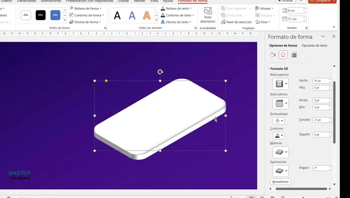 Configurar los colores y materiales: color de la profundidad (fucsia), material metálico, iluminación neutra.