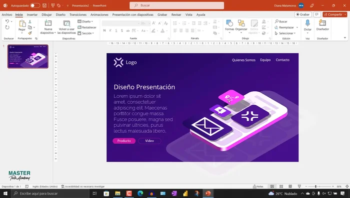 Crear la segunda diapositiva: insertar imagen de fondo, rectángulo de color púrpura, paralelogramo con relleno de imagen de fondo (70% de transparencia), icono de mapa y cuadros de texto.