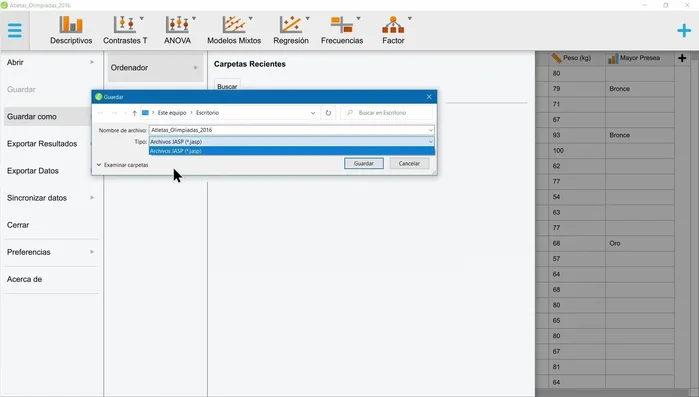 Guardar cambios. JASP guarda los cambios en su propio formato (.jasp), conservando las etiquetas y la configuración de valores perdidos. El archivo original (.csv) no se modifica.