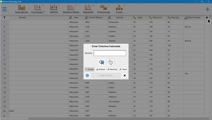 Crear campos calculados. Se pueden crear nuevas variables a partir de las existentes, usando una interfaz gráfica o código R.