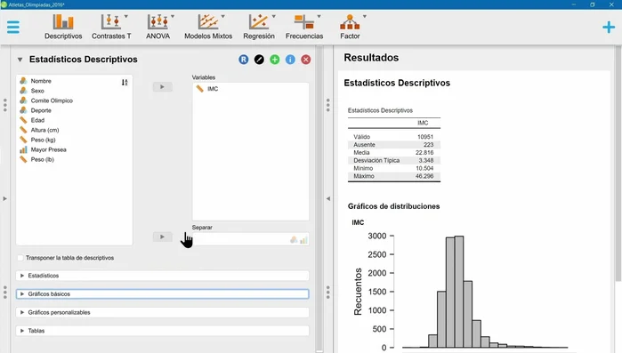 Dividir resultados por categorías. Se pueden dividir los resultados de los análisis por las categorías de una variable categórica (ej. sexo).