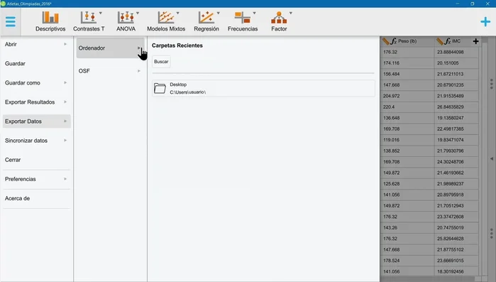 Exportar datos. Los datos se pueden exportar en formato .csv.