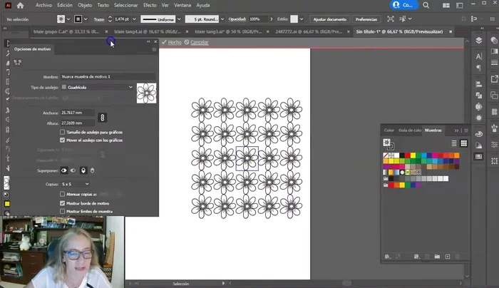 Aplica el patrón a una forma (cuadrado en el ejemplo). Puedes modificar el color de fondo por separado, enviándolo detrás del patrón.
