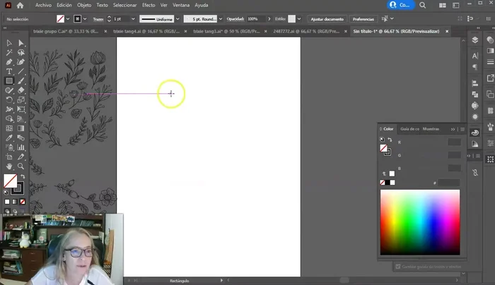 Para un patrón más complejo, crea un cuadro de referencia (300x300 píxeles en el ejemplo). Organiza varios elementos dentro del cuadro, asegurándote de que se repitan y conecten correctamente.