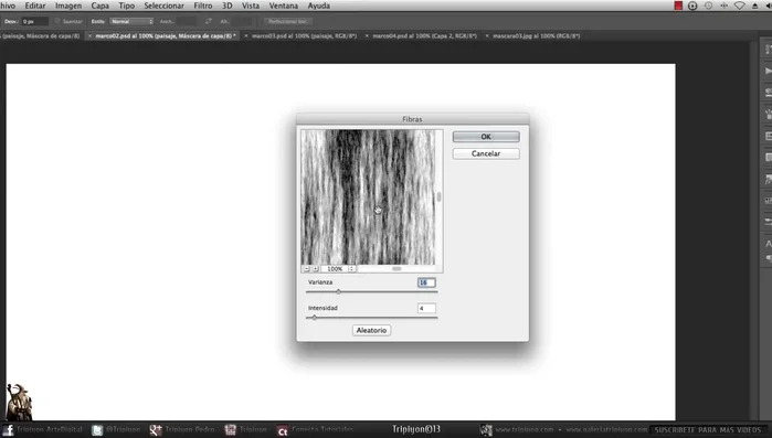 Aplica un filtro (ej. Fibras) a la máscara de capa para crear un efecto de textura.