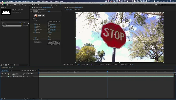 Exporta los datos de seguimiento de Mocha AE como pines de esquina, incluyendo el desenfoque de movimiento.