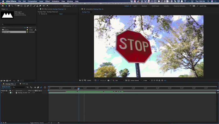 Precompone la capa congelada (el parche). Crea de nuevo los datos de seguimiento en la capa original de la señal de stop y exporta los datos a la capa 'Parche'.