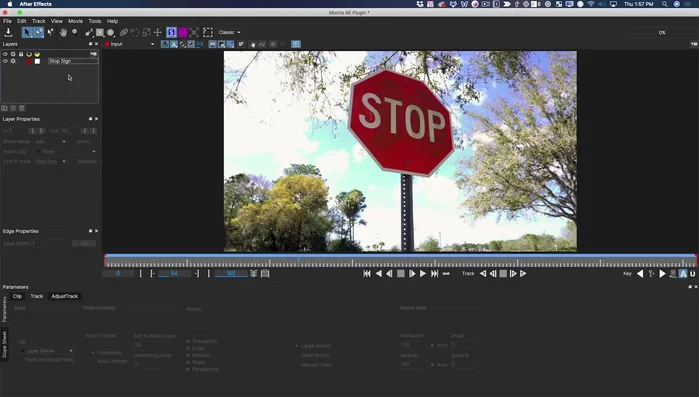 Precompone la capa congelada (el parche). Crea de nuevo los datos de seguimiento en la capa original de la señal de stop y exporta los datos a la capa 'Parche'.