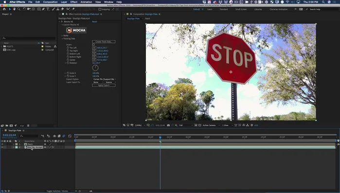 Precompone la capa congelada (el parche). Crea de nuevo los datos de seguimiento en la capa original de la señal de stop y exporta los datos a la capa 'Parche'.