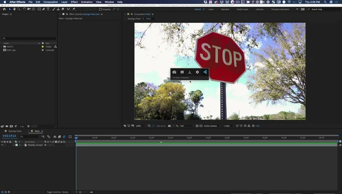 En Photoshop, exporta un PNG del fotograma limpio. Usa las herramientas de Photoshop (relleno según el contenido, sello de clonar) para limpiar la palabra "stop" y crea tu parche final.