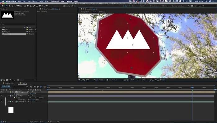 Coloca el logo de la escuela de movimiento sobre el parche. Utiliza el efecto de pin de esquina para ajustar la perspectiva y aplicar una textura similar a la original para una integración perfecta.