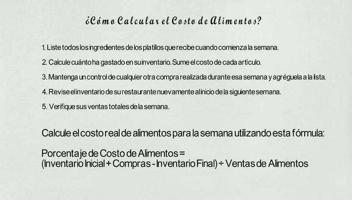 Cálculo del Costo de Alimentos: Aplica la fórmula: (Inventario inicial + Compras - Inventario final) / Ventas totales.