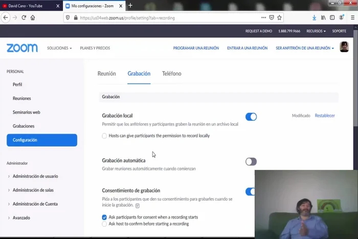 Configurar opciones de grabación (si es necesario): Solicitar consentimiento explícito para grabar reuniones.