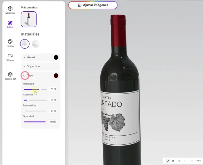 Modificar materiales y colores en la sección de edición.