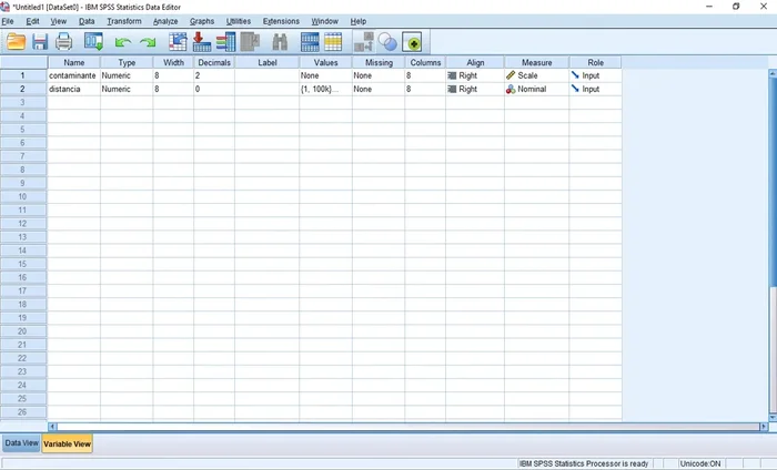 Ingreso de datos en SPSS: Creación de variables (contaminante y distancia).