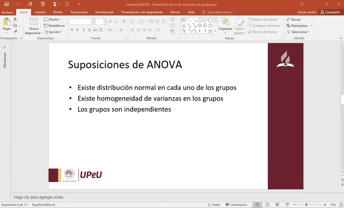 Supuestos del ANOVA: normalidad de los datos en cada grupo, homogeneidad de varianzas y grupos independientes.