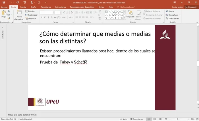 Análisis del estadístico F: Representa la razón de la variación entre grupos e intra grupos. Un valor F grande indica variabilidad entre las medias.