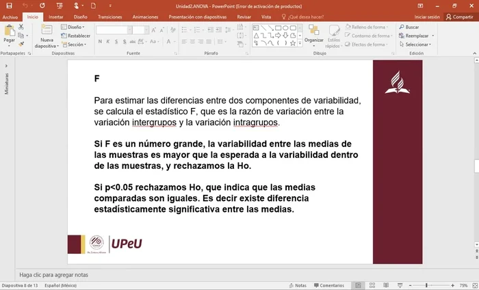 Análisis del estadístico F: Representa la razón de la variación entre grupos e intra grupos. Un valor F grande indica variabilidad entre las medias.