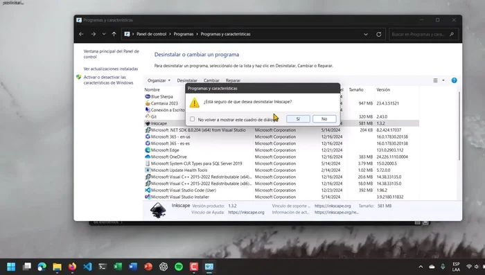 Buscar Inkscape en la lista de programas, seleccionarlo y hacer clic en 'Desinstalar'.