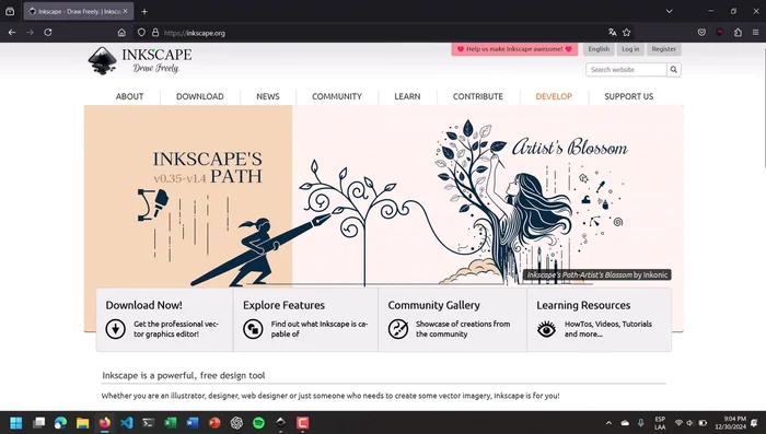 Descargar la última versión desde la página oficial de Inkscape (inscape.org). Cambiar el idioma a español si es necesario.